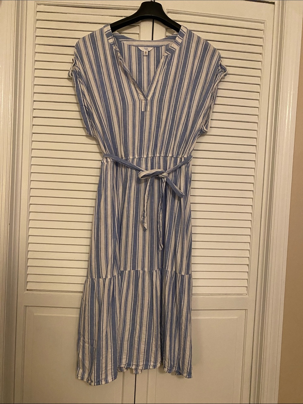 Time and Tru Light Blue and White Striped Tie-Waist Midi Dress